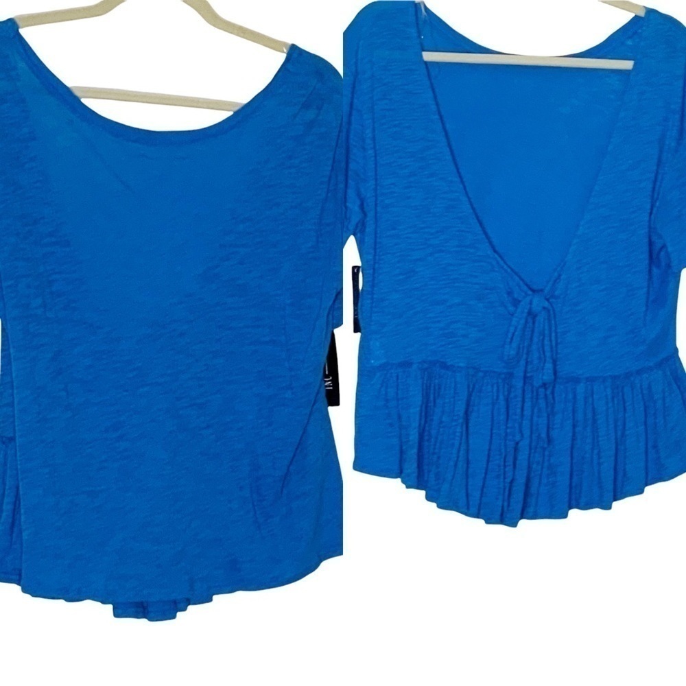 BLUE short sleeve blouse with back V neckline. Size M
